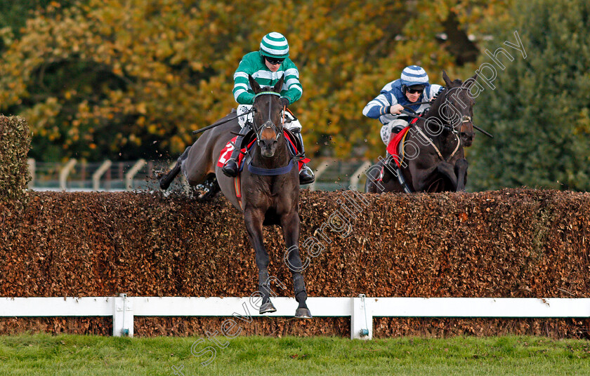 Jameson-0001 
 JAMESON (right, Jamie Bargary) beats WESTERN MILLER (left) in The Rugby Betting At 188bet Novices Limited Handicap Chase Sandown 12 Nov 2017 - Pic Steven Cargill / Racingfotos.com