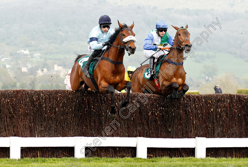 Cabaret-Queen-0001 
 CABARET QUEEN (left, Harry Skelton) with AUNTY ANN (right, Jordan Nailor)
Cheltenham 18 Apr 2019 - Pic Steven Cargill / Racingfotos.com