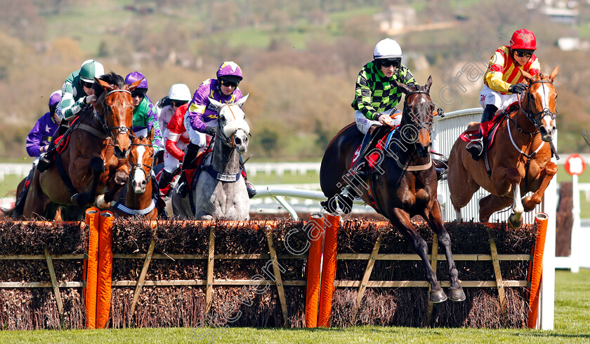 Theclockisticking-0001 
 THECLOCKISTICKING (2nd right, Ciaran Gethings) jumps with POETIC RHYTHM (right) Cheltenham 18 Apr 2018 - Pic Steven Cargill / Racingfotos.com