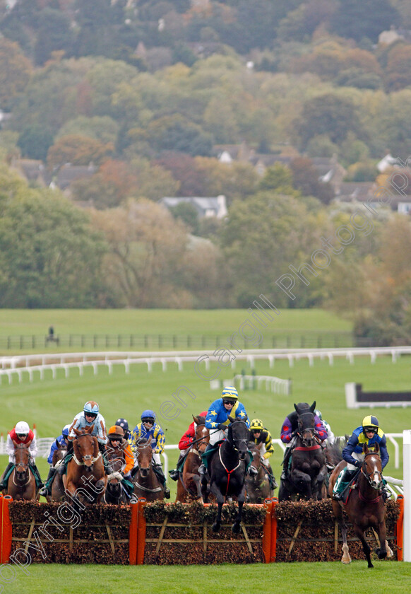 Duke-Street-0001 
 DUKE STREET (left, Cillin Leonard) jumps with the field on the first circuit on his way to winning The Two Farmers Crisps Handicap Hurdle
Cheltenham 25 Oct 2019 - Pic Steven Cargill / Racingfotos.com