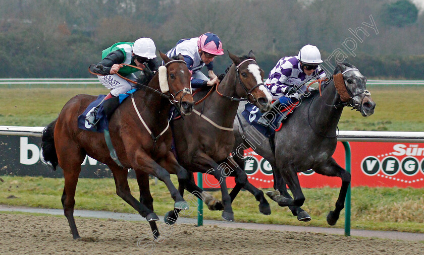 Noble-Behest-0003 
 NOBLE BEHEST (left, Adam Kirby) beats LOST THE MOON (centre) and VOLPONE JELOIS (right) in The Betway Stayers Handicap Lingfield 20 Dec 2017 - Pic Steven Cargill / Racingfotos.com