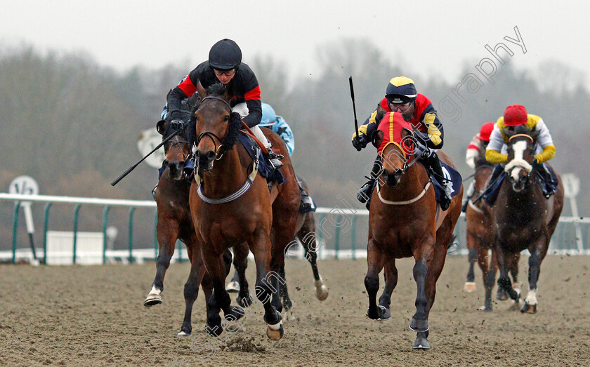 Bernie s-Boy-0003 
 BERNIE'S BOY (left, Nicola Currie) beats AWESOME ALLAN (2nd right) in The Betway Handicap Lingfield 14 Feb 2018 - Pic Steven Cargill / Racingfotos.com