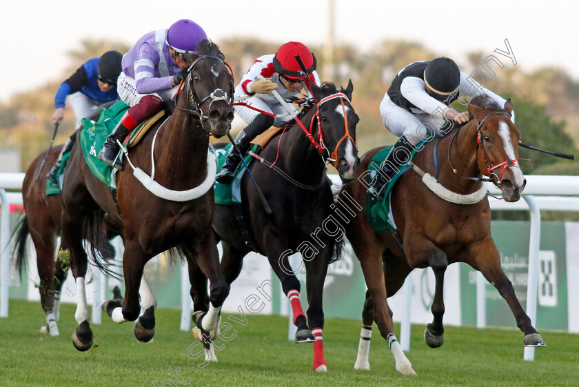 Hapipi-Go-Lucky-0001 
 HAPIPI GO LUCKY (right, Bauyrzhan Murzabayev) beats AASSER (left, Frankie Dettori) and GROOM (centre) in The International Jockeys Challenge R3
King Abdulziz Racecourse, Kingdom of Saudi Arabia, 24 Feb 2023 - Pic Steven Cargill / Racingfotos.com