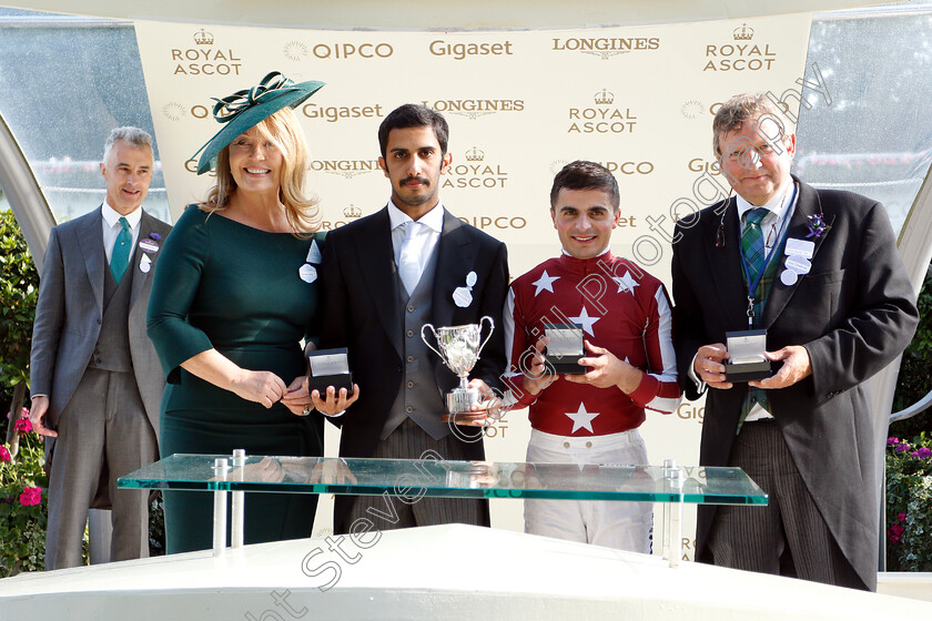 Baghdad-0007 
 Presentation by Kirsty Young to Mohammed Al Attiya, Mark Johnston and Andrea Atzeni for The King George V Stakes won by BAGHDAD 
Royal Ascot 21 Jun 2018 - Pic Steven Cargill / Racingfotos.com