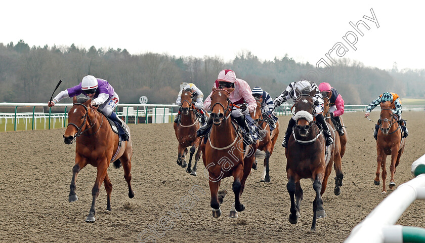 Mimram-0001 
 MIMRAM (centre, Robert Winston) beats ODDS ON OLI (right) and SOLID MAN (left) in The 32Red.com Handicap Lingfield 23 Feb 2018 - Pic Steven Cargill / Racingfotos.com