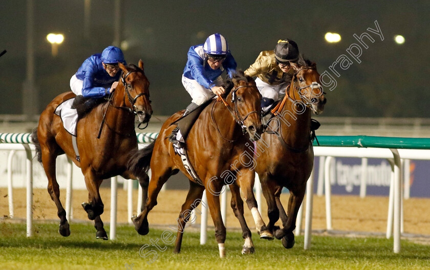 Moqtarreb-0003 
 MOQTARREB (centre, Dane O'Neill) beats OUZO (right) in The Valley Handicap
Meydan, Dubai 3 Feb 2023 - Pic Steven Cargill / Racingfotos.com