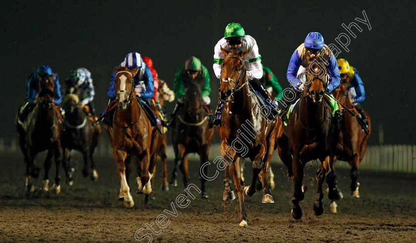 Archie-Mckellar-0005 
 ARCHIE MCKELLAR (Pat Dobbs) beats RECOLLECT (right) and HAADER (left) in The 32Red.com Novice Stakes Kempton 18 Oct 2017 - Pic Steven Cargill / Racingfotos.com