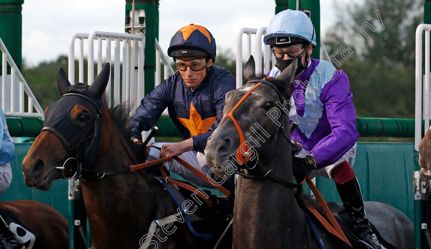 Single-Minded-and-Alpine-Lady-0001 
 William Buick (left) and Oisin Murphy (right) break from the stalls in the opening race
Chelmsford 14 Oct 2021 - Pic Steven Cargill / Racingfotos.com