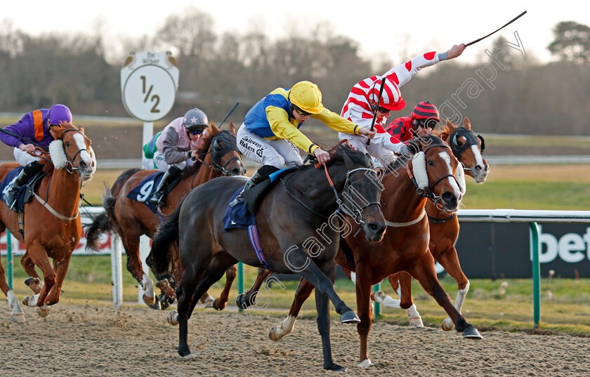 Smiley-Bagel-0003 
 SMILEY BAGEL (centre, Richard Kingscote) beats ESSPEEGEE (right) in The Betway Handicap Div2 Lingfield 16 Feb 2018 - Pic Steven Cargill / Racingfotos.com