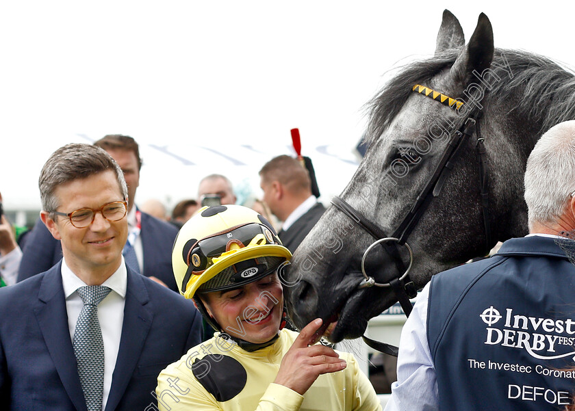 Defoe-0009 
 DEFOE (Andrea Atzeni) with Roger Varian after The Investec Coronation Cup
Epsom 31 May 2019 - Pic Steven Cargill / Racingfotos.com