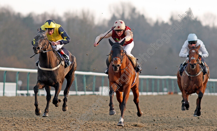 Perfect-Illusion-0008 
 PERFECT ILLUSION (centre, Rob Hornby) beats TECHNOLOGICAL (left) in The 32Red Casino Novice Stakes Lingfield 23 Feb 2018 - Pic Steven Cargill / Racingfotos.com