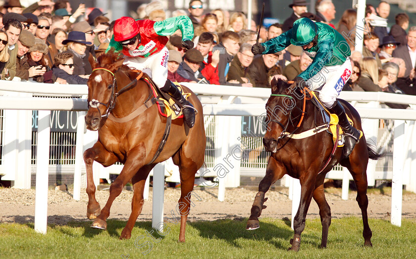 Quel-Destin-0004 
 QUEL DESTIN (left, Harry Cobden) beats CRACKER FACTORY (right) in The JCB Triumph Trial Juvenile Hurdle
Cheltenham 17 Nov 2018 - Pic Steven Cargill / Racingfotos.com