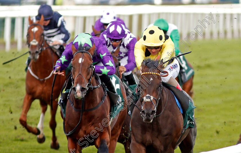 Laugh-A-MInute-0001 
 LAUGH A MINUTE (right, Andrea Atzeni) beats ALBA POWER (left) in The Weatherbys Racing Bank £300,000 2-y-o Stakes Doncaster 14 Sep 2017 - Pic Steven Cargill / Racingfotos.com