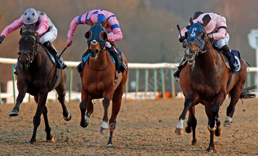 Unit-Of-Assessment-0003 
 UNIT OF ASSESSMENT (centre, Adam Kirby) beats BAN SHOOF (right) and MUSIC MAJOR (left) in The Betway Live Casino Handicap Handicap Lingfield 24 Feb 2018 - Pic Steven Cargill / Racingfotos.com