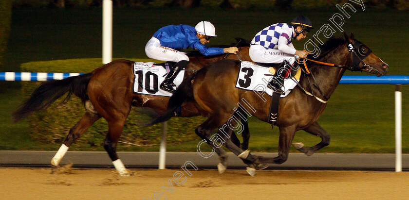 El-Chapo-0005 
 EL CHAPO (Luke Morris) beats RACING COUNTRY (farside) in The UAE 2000 Guineas Trial Div2 Meydan 25 Jan 2018 - Pic Steven Cargill / Racingfotos.com