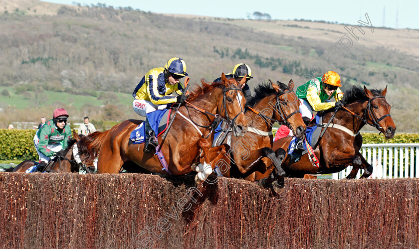 Lovely-Job-0001 
 LOVELY JOB (left, Noel Fehily) jumps with DELUSIONOFGRANDEUR (centre) and SMOOTH STEPPER (right) Cheltenham 18 Apr 2018 - Pic Steven Cargill / Racingfotos.com