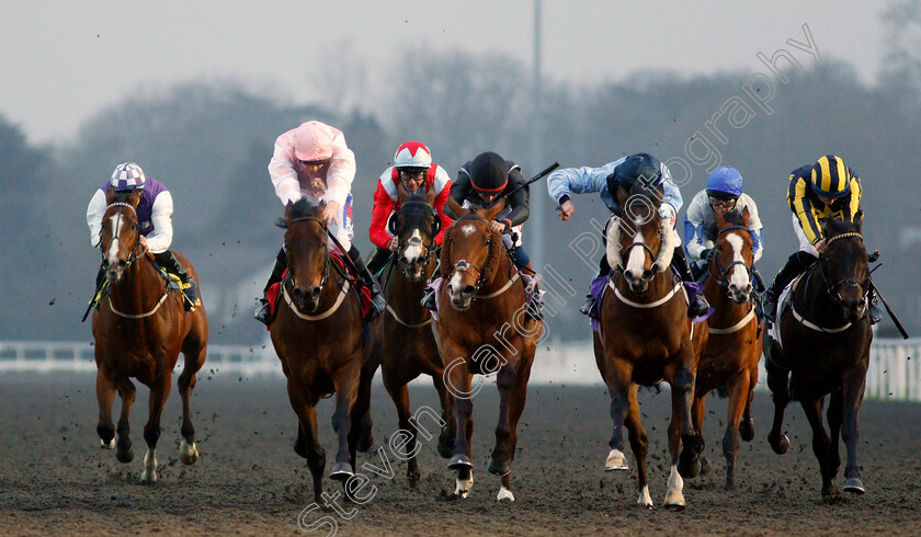 Coverham-0004 
 COVERHAM (2nd right, Luke Morris) beats BOUNTY PURSUIT (2nd left) and FROZEN LAKE (centre) in The 100% Profit Boost At 32Redsport.com Handicap Kempton 11 Apr 2018 - Pic Steven Cargill / Racingfotos.com