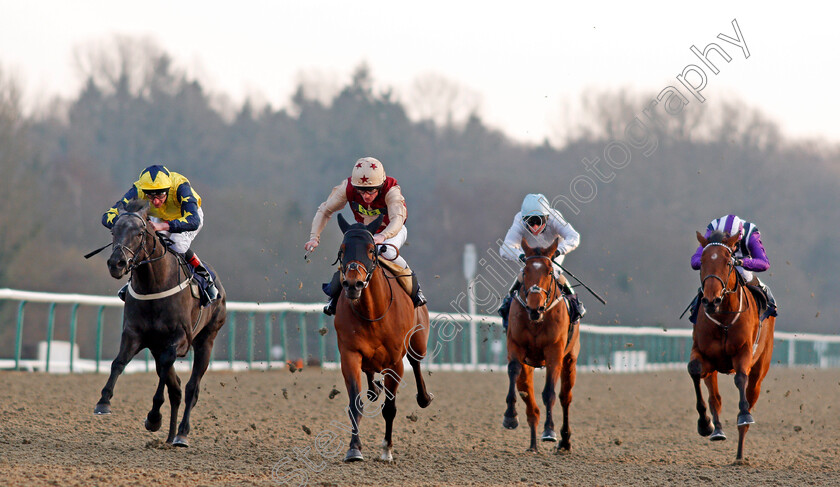 Perfect-Illusion-0006 
 PERFECT ILLUSION (centre, Rob Hornby) beats TECHNOLOGICAL (left) in The 32Red Casino Novice Stakes Lingfield 23 Feb 2018 - Pic Steven Cargill / Racingfotos.com