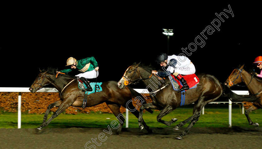 Beleaguerment-0002 
 BELEAGUERMENT (Edward Greatrex) beats RETICENT ANGEL (right) in The 32Red On The App Store Nursery
Kempton 5 Dec 2018 - Pic Steven Cargill / Racingfotos.com