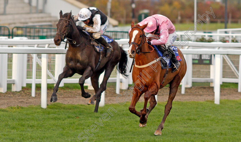 For-Pleasure-0004 
 FOR PLEASURE (Harry Bannister) beats THIRD TIME LUCKI (left) in The Sky Bet Supreme Trial Novices Hurdle
Cheltenham 15 Nov 2020 - Pic Steven Cargill / Racingfotos.com