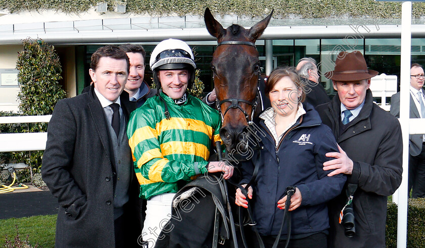 Regal-Encore-0007 
 REGAL ENCORE (Richie McLernon) with A P McCoy, Franke Berry and Anthony Honeyball after The Keltbray Swinley Handicap Chase Ascot 17 Feb 2018 - Pic Steven Cargill / Racingfotos.com