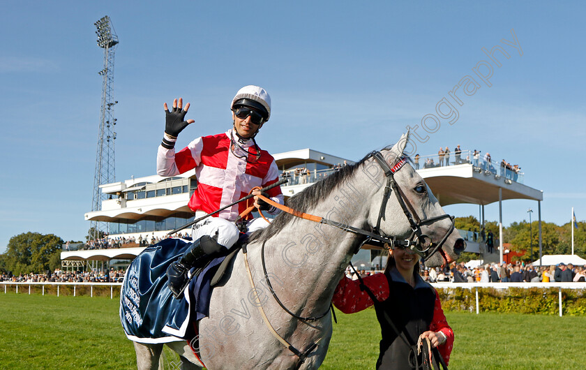 Duca-Di-Como-0002 
 DUCA DI COMO (Elione Chaves) after winning The Tattersalls Nickes Minneslopning for the fifth time.
Bro Park, Sweden 17 Sep 2023 - Pic Steven Cargill / Racingfotos.com