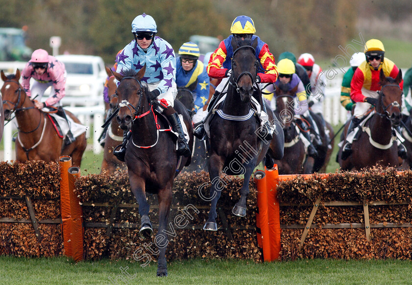 Roi-De-Dubai-and-Vive-Le-Roi-0001 
 ROI DE DUBAI (left, Sean Houlihan) jumps with VIVE LE ROI (right, Harry Bannister)
Cheltenham 26 Oct 2018 - Pic Steven Cargill / Racingfotos.com