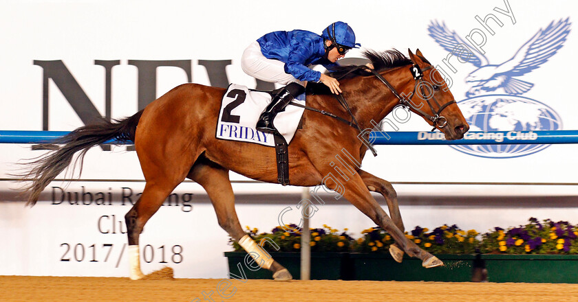 Winter-Lightning-0009 
 WINTER LIGHTNING (Pat Cosgrave) wins The UAE 1000 Guineas Meydan 8 Feb 2018 - Pic Steven Cargill / Racingfotos.com