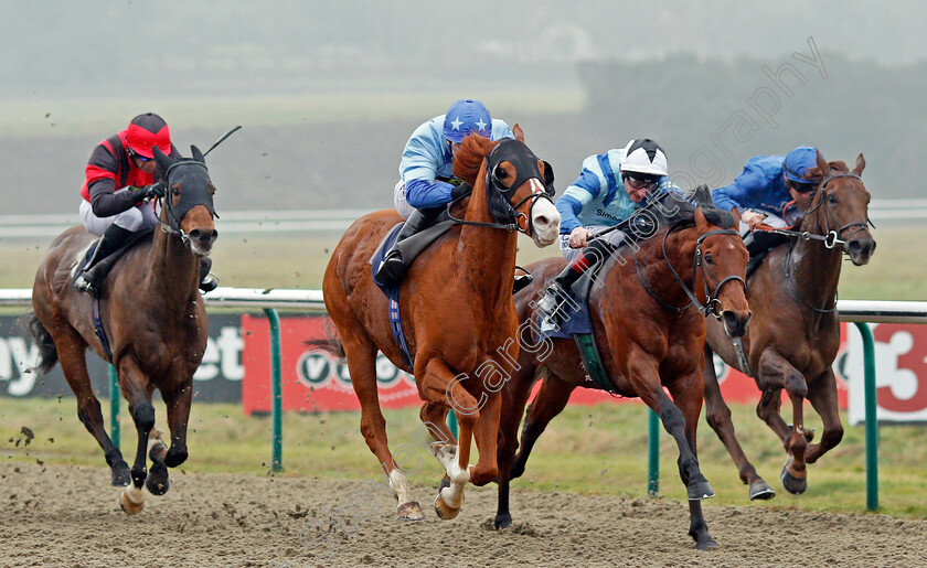 Swift-Approval-0002 
 SWIFT APPROVAL (centre, Oisin Murphy) beats MR SCARAMANGA (2nd right) in The Play Starburst Slot At sunbets.co.uk/vegas Handicap Lingfield 12 Jan 2018 - Pic Steven Cargill / Racingfotos.com