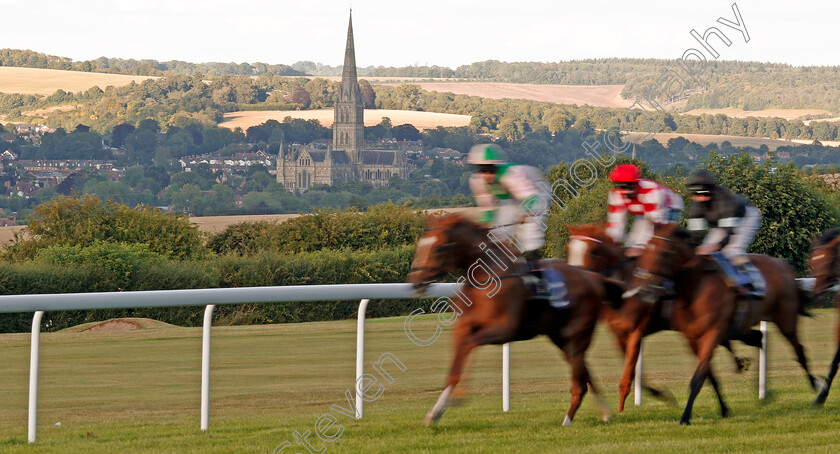 Salisbury-0001 
 With Salisbury Cathedral as the backdrop MONSIEUR LAMBRAYS (Jack Mitchell) leads the field on his way to winning The Racing TV Profits Returned To Racing Handicap
Salisbury 11 Jul 2020 - Pic Steven Cargill / Racingfotos.com