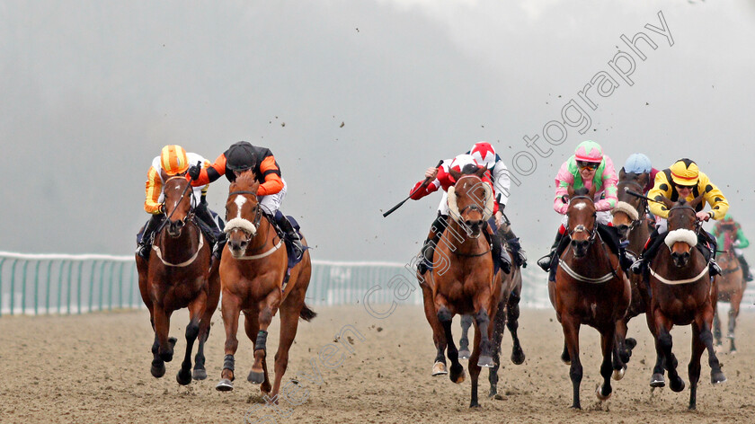 Complicit-0001 
 COMPLICIT (centre, Donagh O'Connor) beats BRIDGE OF SIGHS (2nd left) NO APPROVAL (2nd right) and MASQUERADE BLING (right) in The Play Slots At sunbets.co.uk/vegas Handicap Div2 Lingfield 12 Jan 2018 - Pic Steven Cargill / Racingfotos.com