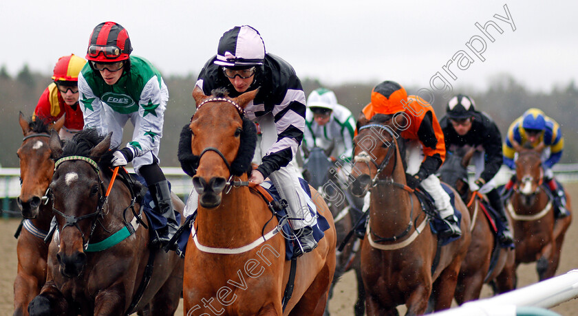 Caged-Lightning-0001 
 CAGED LIGHTNING (centre, P J McDonald) leads MAZALTO (left) Lingfield 3 Feb 2018 - Pic Steven Cargill / Racingfotos.com