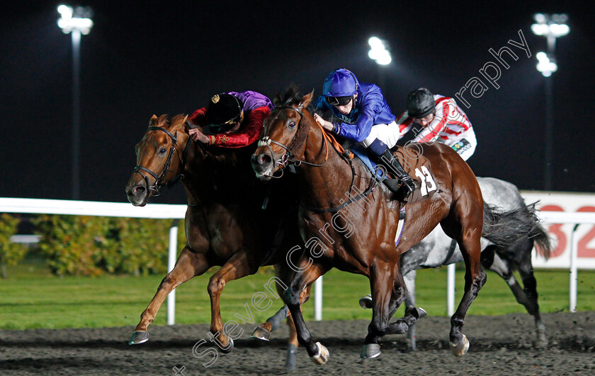 Seniority-0002 
 SENIORITY (left, James Doyle) beats ENNJAAZ (right) in The 32Red On The App Store Handicap Kempton 11 Oct 2017 - Pic Steven Cargill / Racingfotos.com