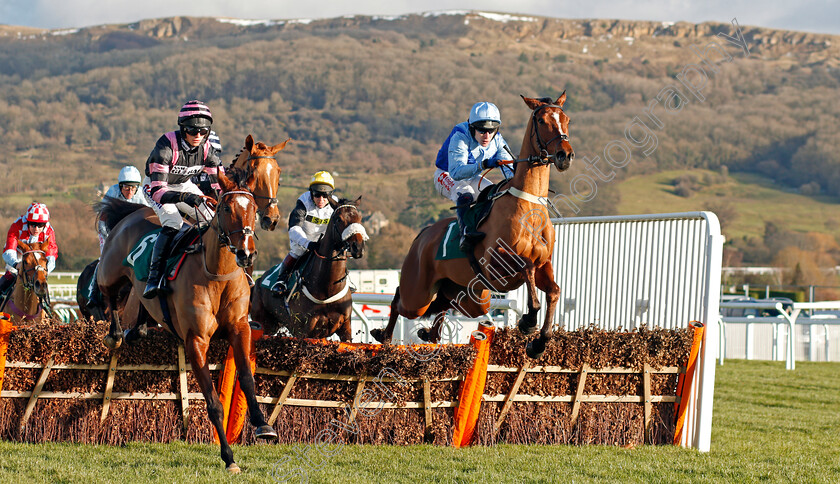 Some-Man-and-Shoal-Bay-0001 
 SOME MAN (left, Harry Cobden) jumps with SHOAL BAY (right) Cheltenham 15 Dec 2017 - Pic Steven Cargill / Racingfotos.com