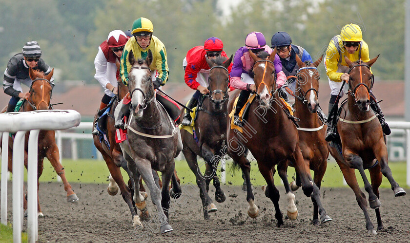 Baileys-Excelerate-0003 
 winner GRAFFITI MASTER (maroon and white, James Doyle) tracks BAILEYS EXCELERATE (grey) SPICE WAR (centre) and SEE THE TAR (right) at the first bend in The Matchbook British Stallion Studs EBF Novice Stakes Kempton 25 Sep 2017 - Pic Steven Cargill / Racingfotos.com