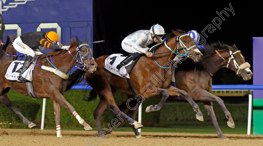 Mayaadeen-0001 
 MAYAADEEN (right, Jim Crowley) beats MAPLEWOOD (centre) and ROCK THE BARZAH (left) in Lincoln Handicap
Meydan 2 Feb 2024 - Pic Steven Cargill / Racingfotos.com