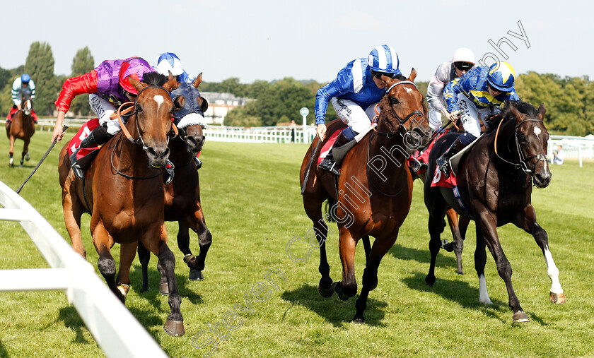 Melting-Dew-0003 
 MELTING DEW (left, Ryan Moore) beats ALFARRIS (centre) and BATHSHEBA BAY (right) in The Besso Handicap
Sandown 6 Jul 2018 - Pic Steven Cargill / Racingfotos.com