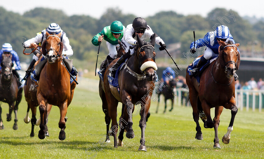 Judicial-0002 
 JUDICIAL (centre, Paul Mulrennan) beats MUTHMIR (right) in The Coral Charge 
Sandown 7 Jul 2018 - Pic Steven Cargill / Racingfotos.com