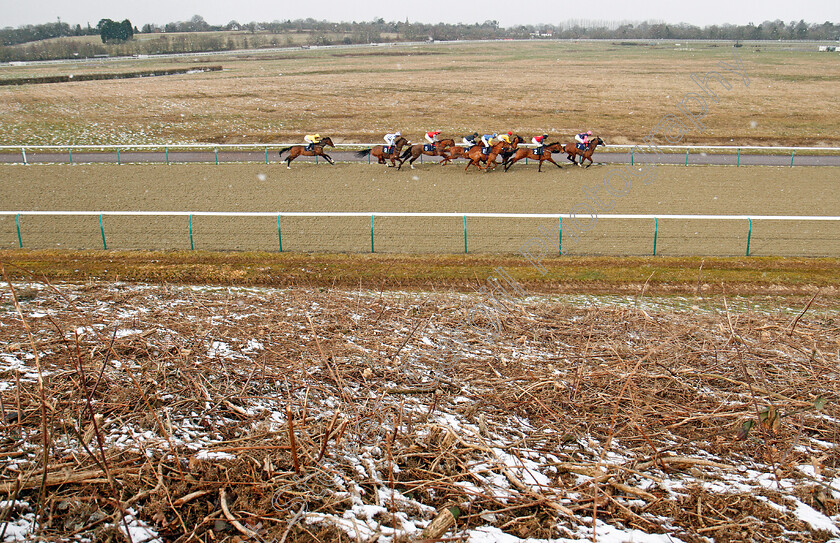 Lingfield-0004 
 Action in the snow at Lingfield in race won by ROUNDABOUT MAGIC (black) 27 Feb 2018 - Pic Steven Cargill / Racingfotos.com