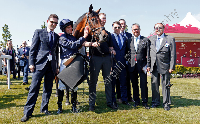 Rhododendron-0012 
 RHODODENDRON (Ryan Moore) with Aidan O'Brien and the lads after The Al Shaqab Lockinge Stakes Newbury 19 May 2018 - Pic Steven Cargill / Racingfotos.com