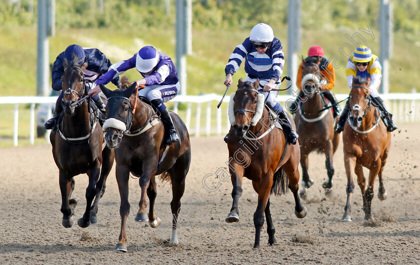 Monaadhil-0002 
 MONAADHIL (right, James Sullivan) beats THE CHARMER (2nd left) and CAPE CORNWALL ROSE (far left) in The Save My Soul Classified Stakes
Chelmsford 7 Jun 2022 - Pic Steven Cargill / Racingfotos.com