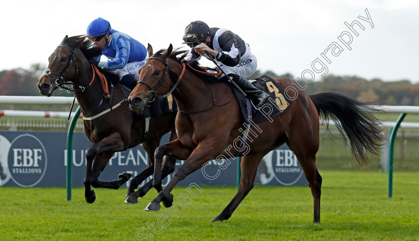 Indy-Moon-0003 
 INDY MOON (right, Kieran Shoemark) beats ABALONE PEARL (left) in The Discover Newmarket Fillies Restricted Novice Stakes
Newmarket 20 Oct 2021 - Pic Steven Cargill / Racingfotos.com