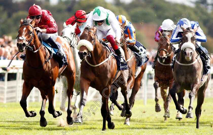 Emaraaty-Ana-0005 
 EMARAATY ANA (centre, Frankie Dettori) beats LEGENDS OF WAR (left) in The Al Basti Equiworld Gimcrack Stakes
York 24 Aug 2018 - Pic Steven Cargill / Racingfotos.com