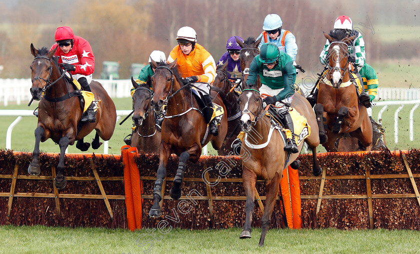 Fakir-D Oudairies-0002 
 FAKIR D'OUDAIRIES (centre, J J Slevin) jumps with PROTEKTORAT (left) and ADJALI (2nd right) in The JCB Triumph Trial Juvenile Hurdle
Cheltenham 26 Jan 2019 - Pic Steven Cargill / Racingfotos.com