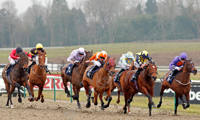 Goring-0001 
 GORING (centre, Charles Bishop) beats SURREY HOPE (2nd right) BATTLE OF MARATHON (right) and SACRED ACT (left) in The Play For Free At sunbets.co.uk/vegas Handicap Lingfield 13 Jan 2018 - Pic Steven Cargill / Racingfotos.com