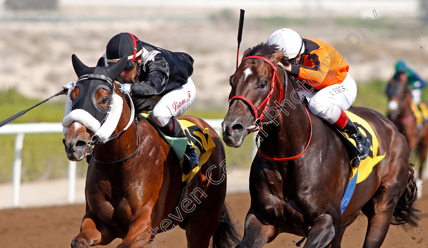 Epsilon-0005 
 EPSILON (left, Liam Tarentaal) beats CALL SIGN (right) in The School Transport Services Handicap Jebel Ali 9 Mar 2018 - Pic Steven Cargill / Racingfotos.com