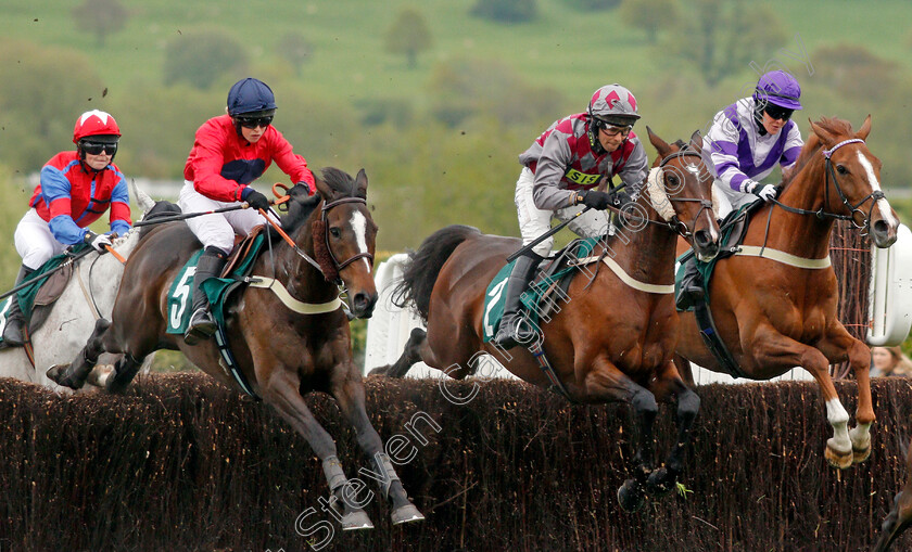 Barel-Of-Laughs-0001 
 BAREL OF LAUGHS (centre, Alex Edwards) beats KELSEY (right) and PENTIFFIC (left) in The Timico Mixed Open Gold Cup Final Hunters Chase Cheltenham 4 May 2018 - Pic Steven Cargill / Racingfotos.com