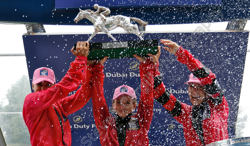 Shergar-Cup-Winners-0005 
 Presentation of the Dubai Duty Free Shergar Cup to the Girls Team, Josephine Gordon, Hollie Doyle and Hayley Turner
Ascot 11 Aug 2018 - Pic Steven Cargill / Racingfotos.com