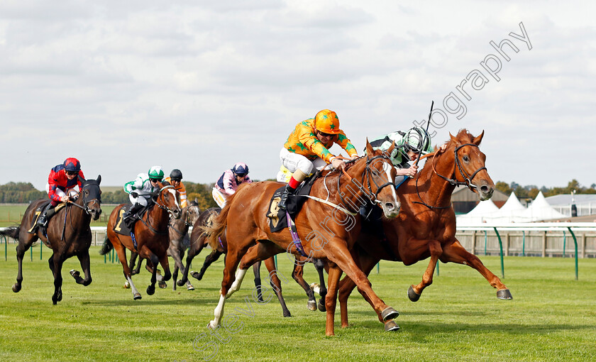 Tenerife-Sunshine-0005 
 TENERIFE SUNSHINE (Andrea Atzeni) beats LIKE A TIGER (right) in The Turners British EBF Maiden Stakes
Newmarket 22 Sep 2022 - Pic Steven Cargill / Racingfotos.com