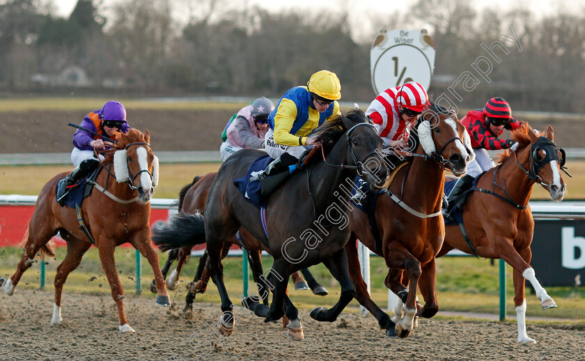 Smiley-Bagel-0002 
 SMILEY BAGEL (centre, Richard Kingscote) beats ESSPEEGEE (2nd right) beats FALCON'S FIRE (right) in The Betway Handicap Div2 Lingfield 16 Feb 2018 - Pic Steven Cargill / Racingfotos.com